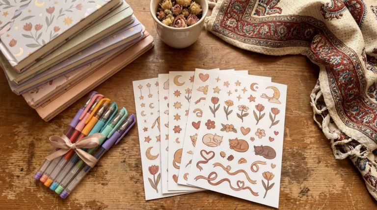 ست هدیه لوازم تحریر شامل استیکر فانتزی دخترانه و پلنر روی میز چوبی