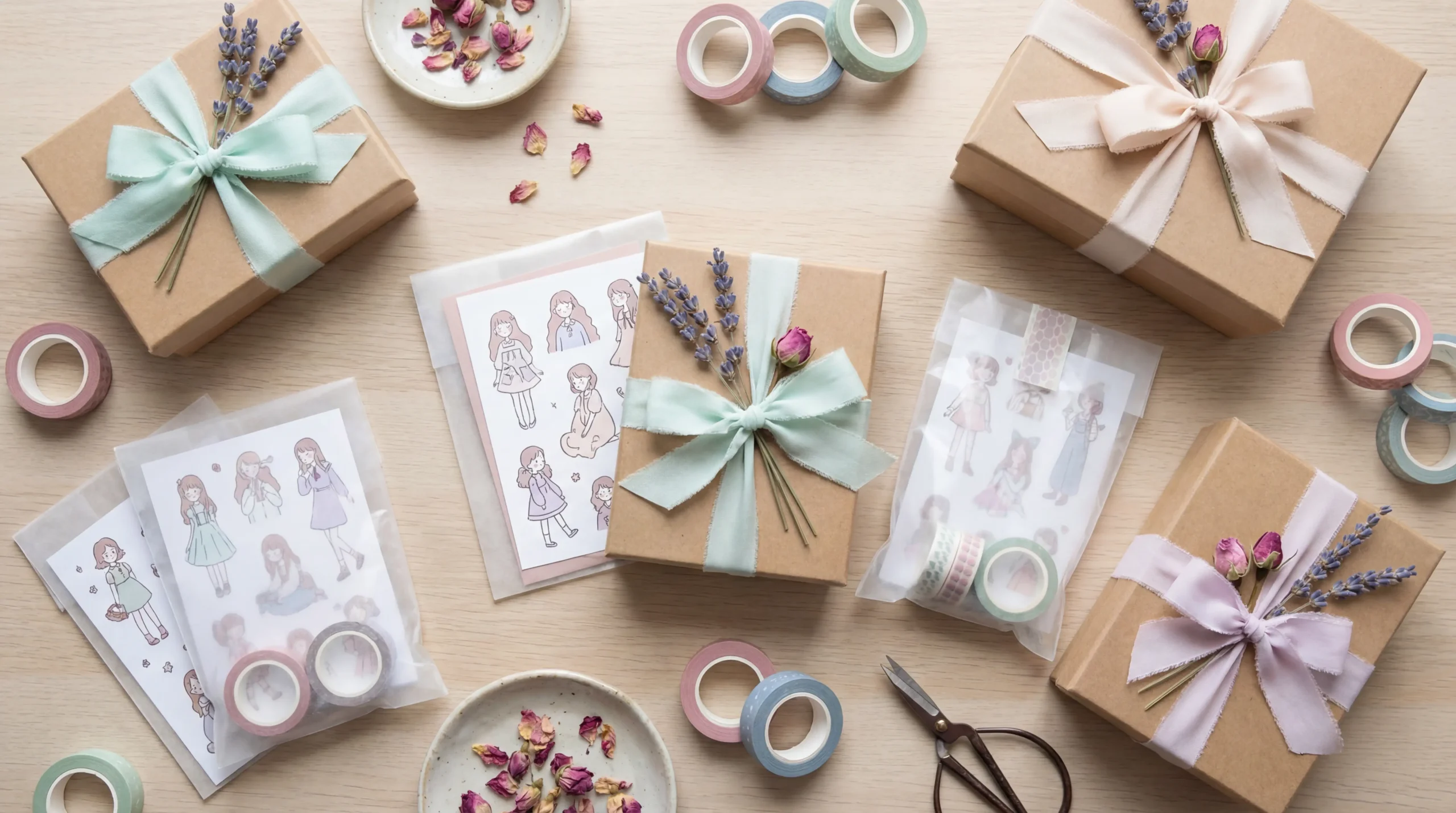 چیدمان لوازم تحریر فانتزی و استیکرهای رنگی مناسب کادو دادن